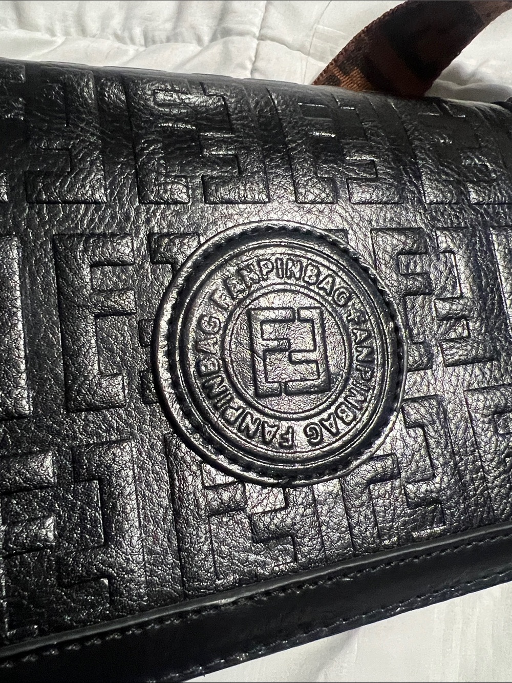 Black Embossed Leather Crossbody Bag with Brown Logo Strap - Picture 6 of 6